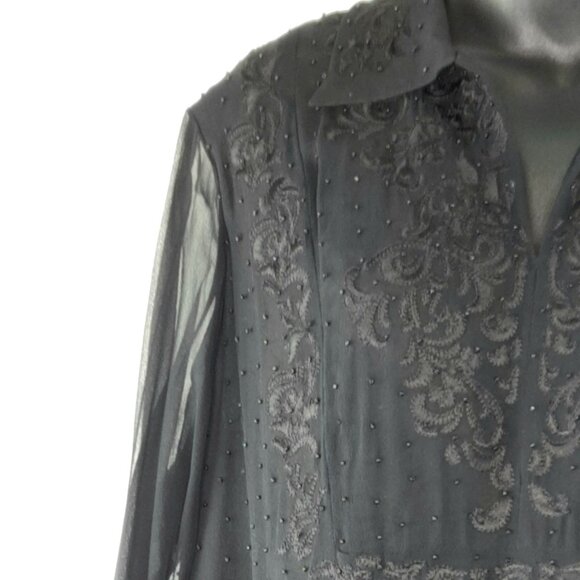 Vintage Ice Black Beaded Elegant Formal Sheer Long Sleeve Tunic Top - Picture 2 of 10